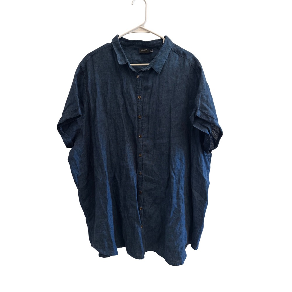 Yesta Navy Blue 100% Linen Short Sleeve Button Down Shirt Plus Size 20W